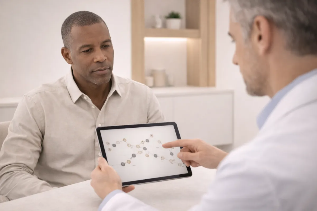 Professional editorial photograph of a fit Black man in his late 40s seated in a modern medical office, reviewing metabolic lab results with a clinician.