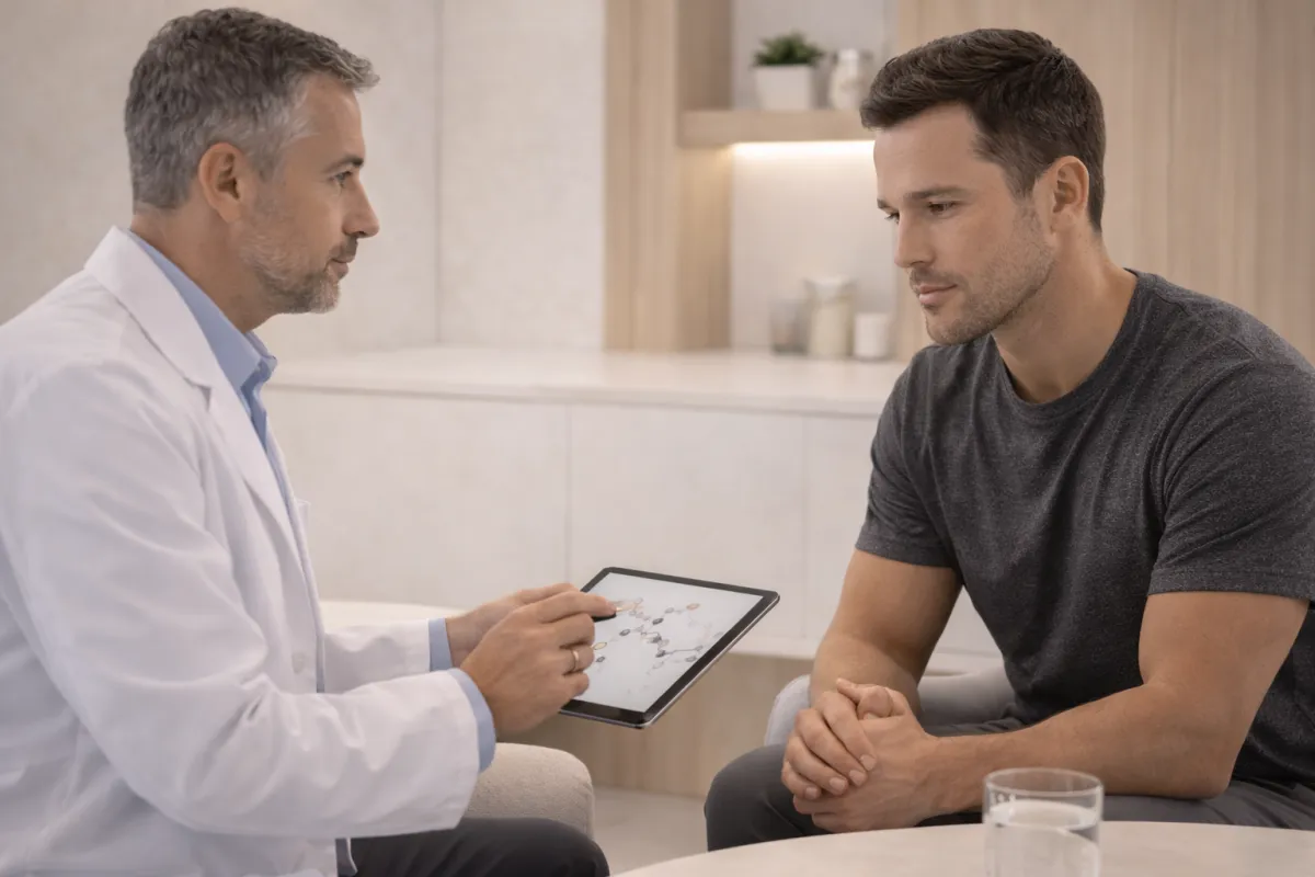 Premium medical office setting with a physician seated across from a younger athletic-looking man in his late 30s.
