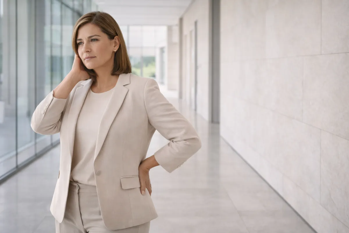 Well-dressed woman in her late 40s with lighter brown hair styled in a sleek shoulder-length cut standing in a modern architectural hallway