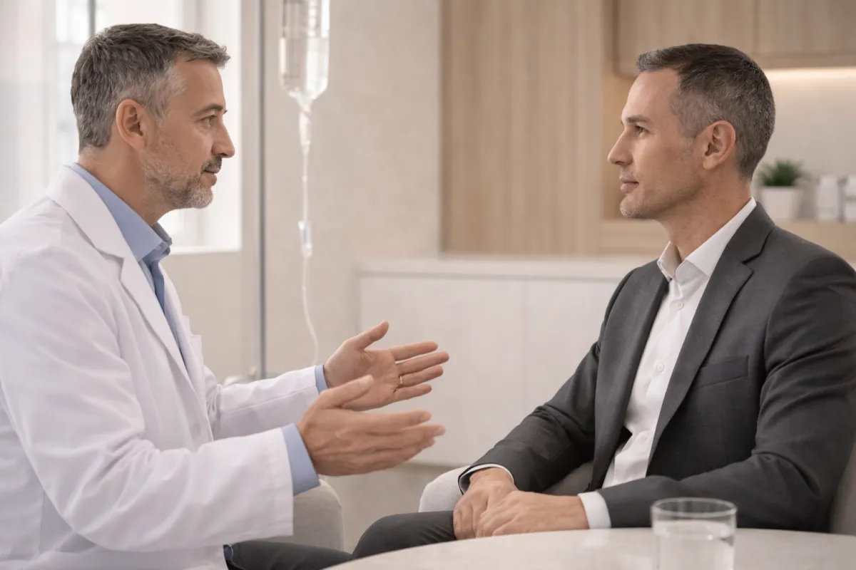 Modern consultation setting with a physician calmly explaining IV therapy options to a well-dressed man in his late 40s with closely cropped hair and defined facial structure.