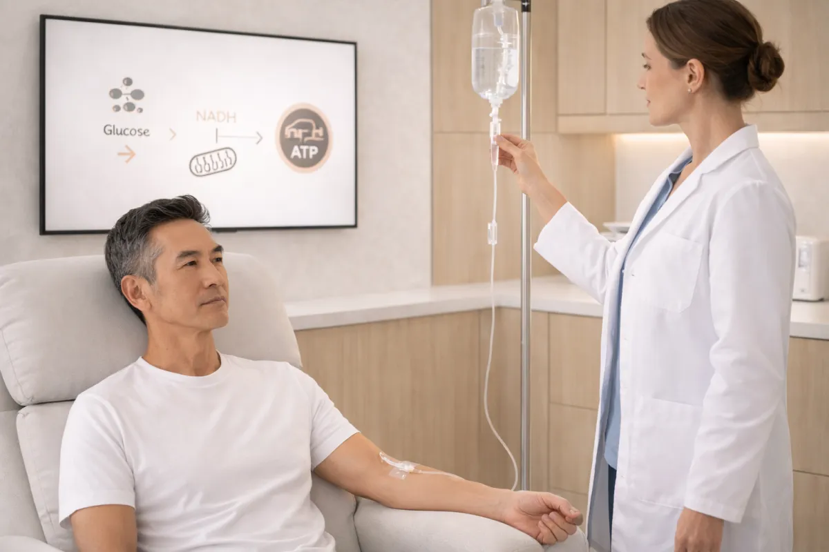 A middle-aged Asian male patient with angular features sits upright while a clinician monitors an IV infusion.