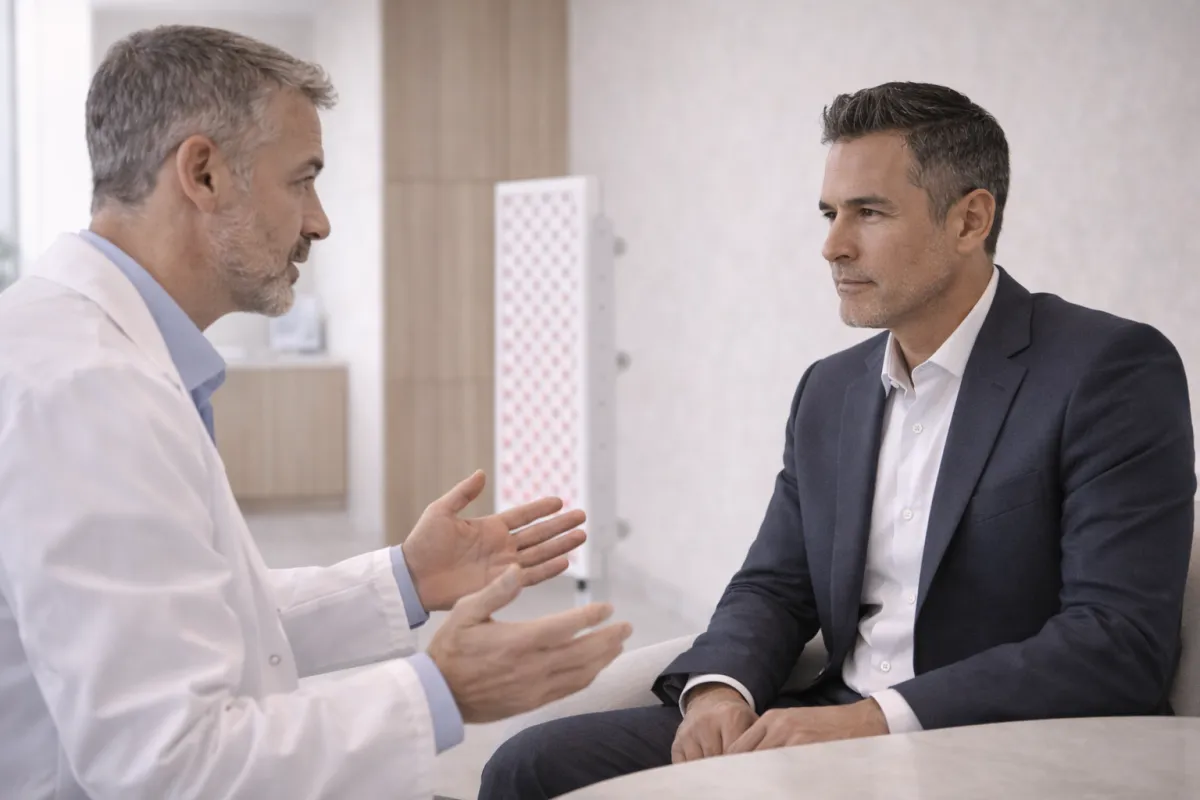 A physician explains red light therapy to a well-dressed Hispanic man in his late 40s with neatly groomed hair and defined facial features.