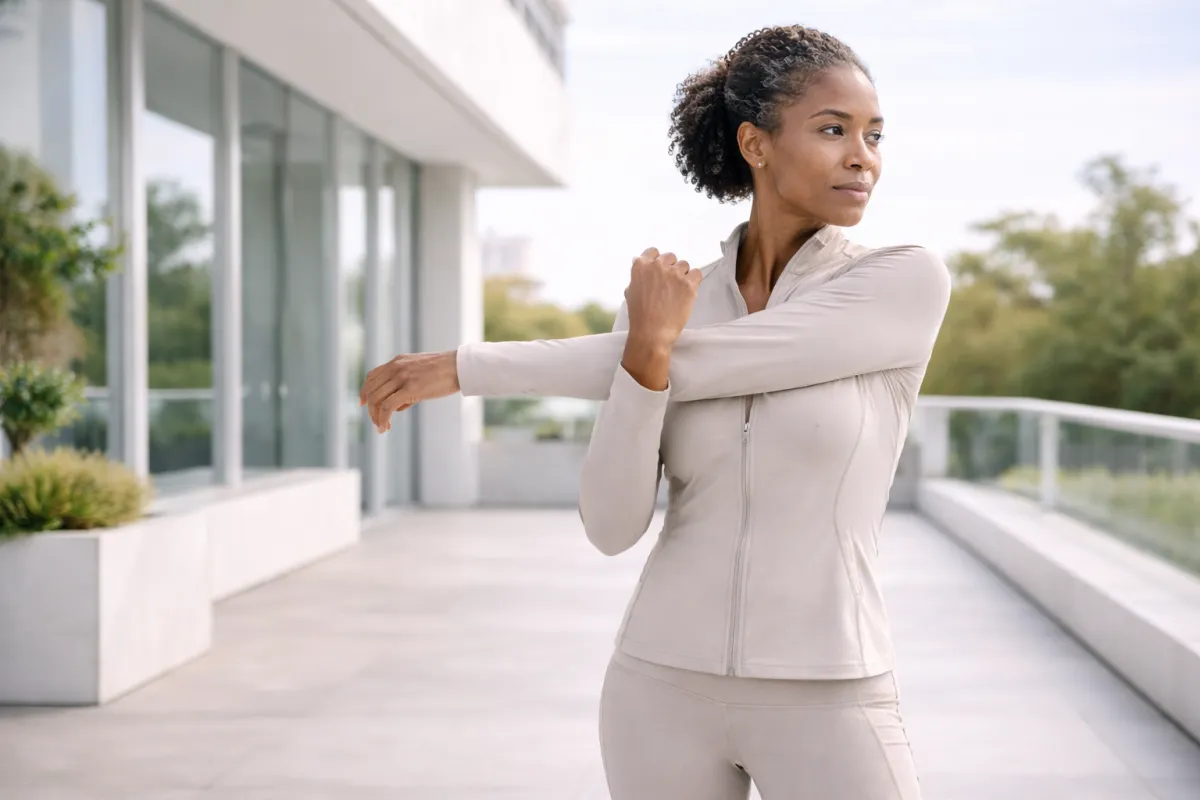 a tall Black woman in her early 50s with natural textured hair tied back, standing on an outdoor terrace with modern architecture behind her.