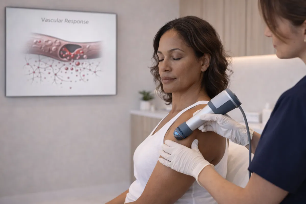 a middle-aged Black woman in her late 40s receiving shockwave therapy on her shoulder while seated upright.