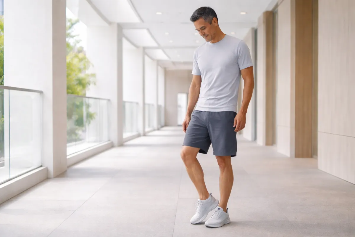 Professional editorial photograph of an athletic Asian man in his early 50s standing in a modern architectural hallway.