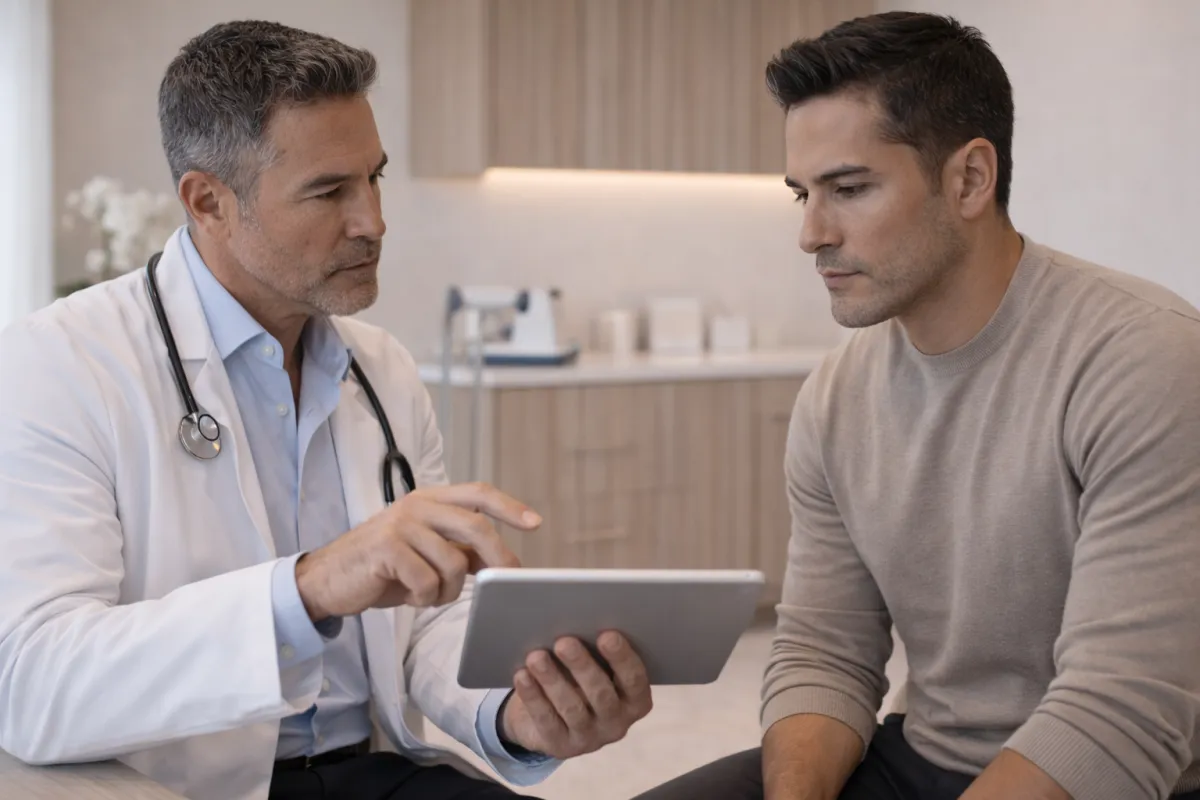 a physician seated across from a fit Hispanic man in his late 30s wearing tailored neutral clothing.