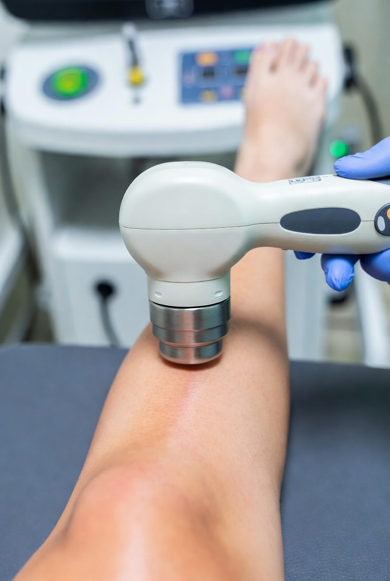 Shockwave therapy device being applied to a patient's lateral elbow, representing the targeted treatment of chronic tendinopathy conditions at Harper MD