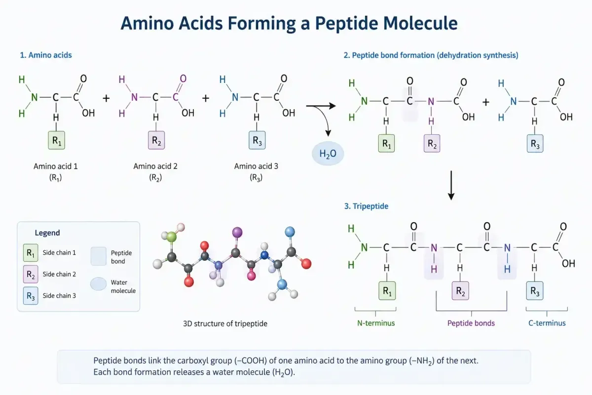 Scientific illustration of a peptide molecule — a short chain of amino acids — representing the signaling mechanism through which peptide therapy supports cellular repair and biological function