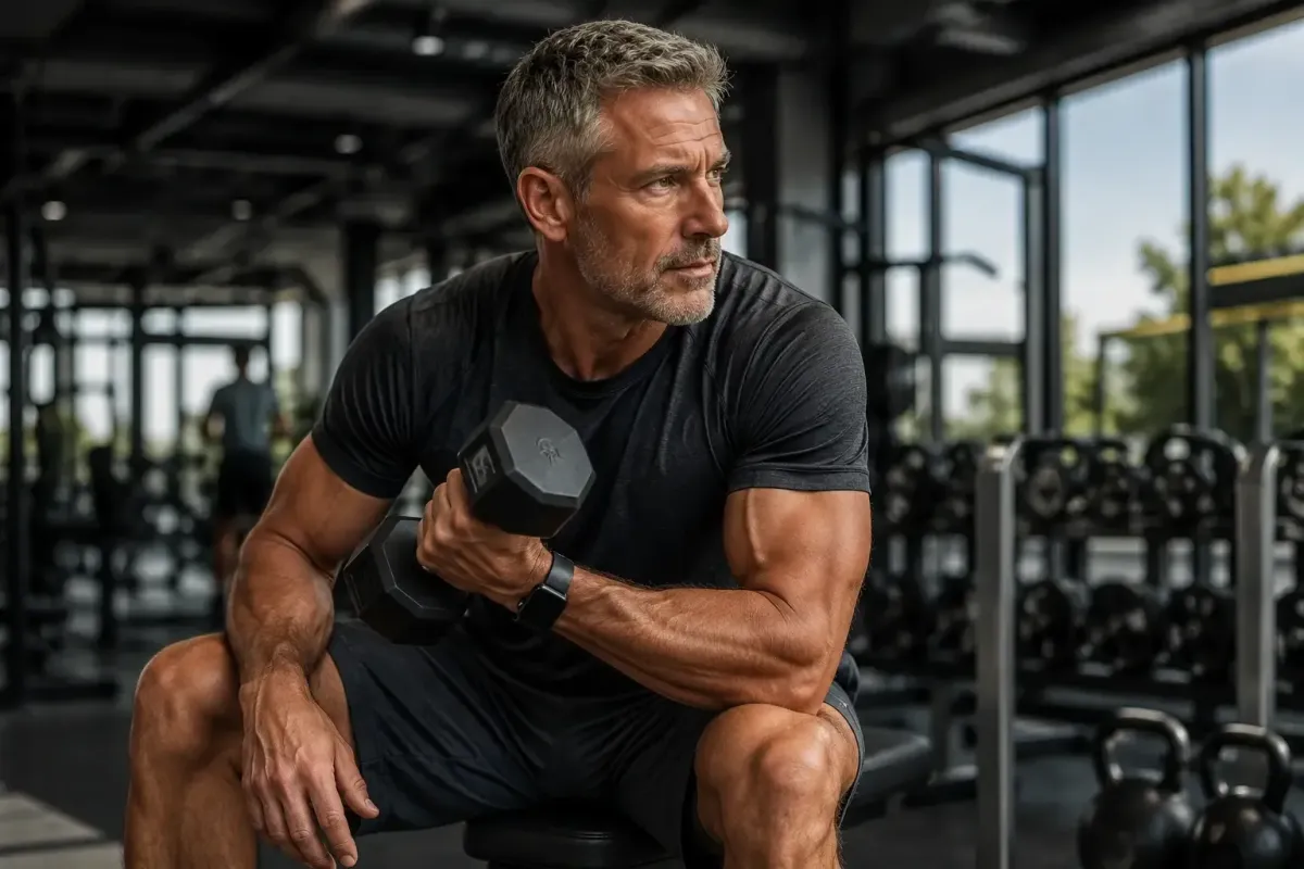 Active adult reviewing fitness and body composition progress, representing the gradual and measurable improvements in recovery and lean mass that growth hormone peptide therapy supports over time
