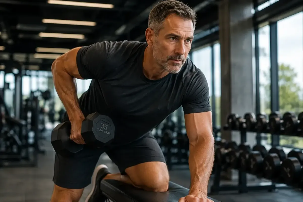 Active adult in their early 50s engaged in resistance training, representing the body composition and performance goals that peptide therapy at Harper MD is designed to support]