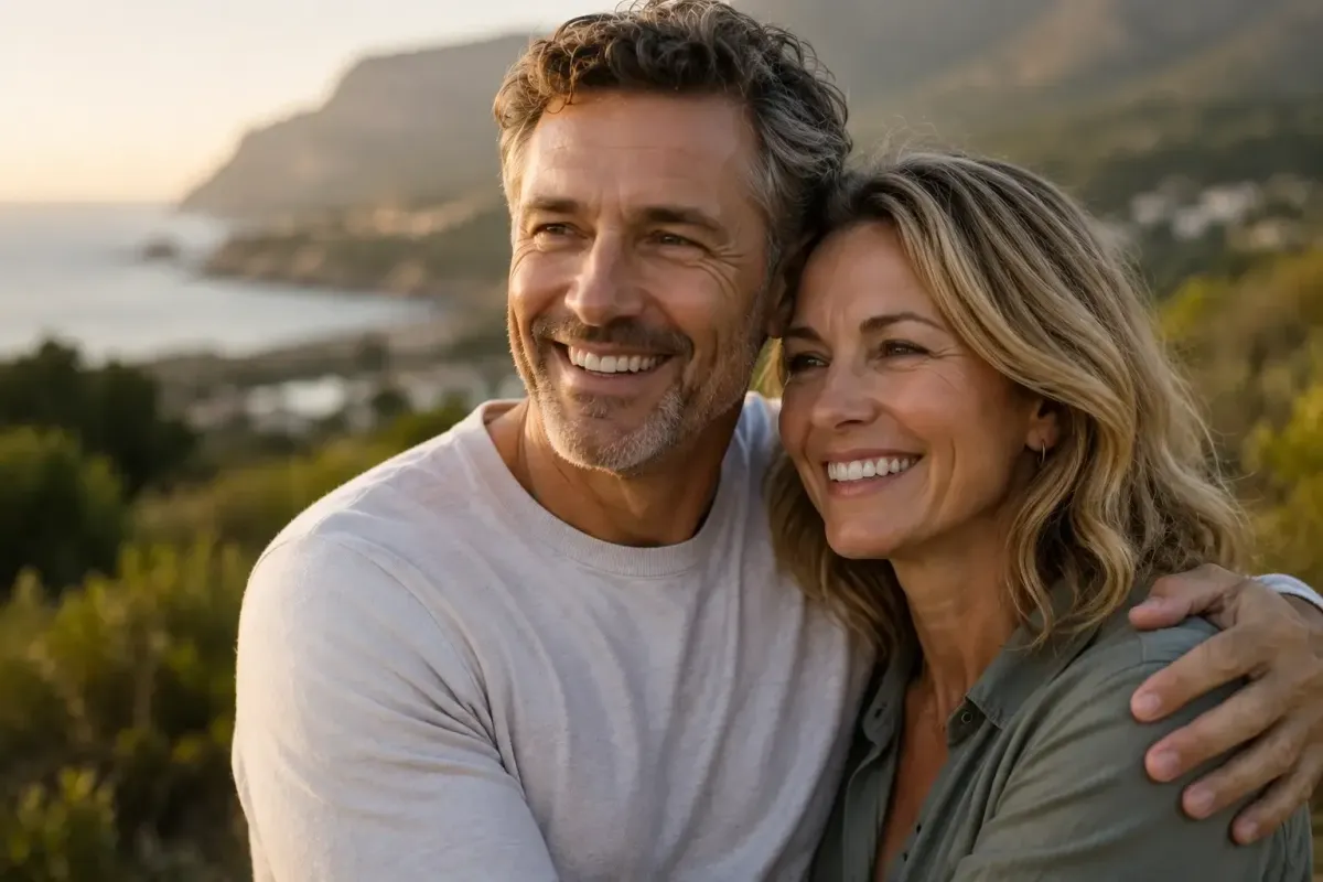 Active adult couple in their early 50s in a relaxed outdoor setting, representing the relationship quality and sexual vitality goals that Harper MD's sexual health program addresses