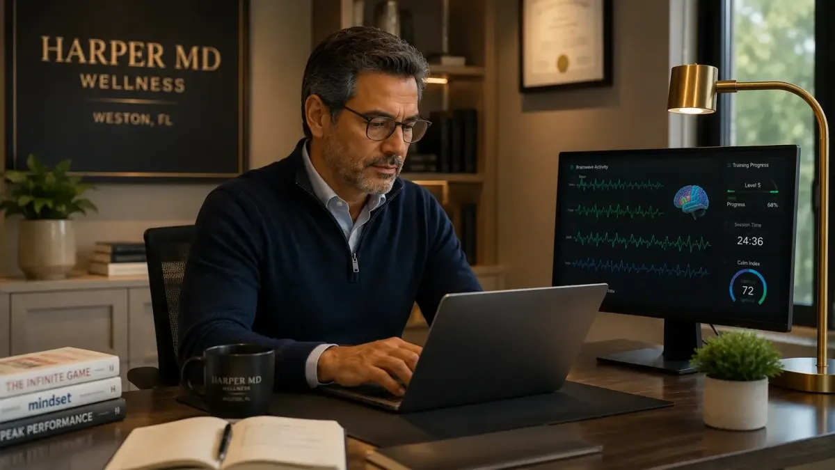 Adult professional in their 50s working at a desk with focused attention, representing the cognitive clarity and mental performance goals that neurofeedback therapy at Harper MD Weston FL supports