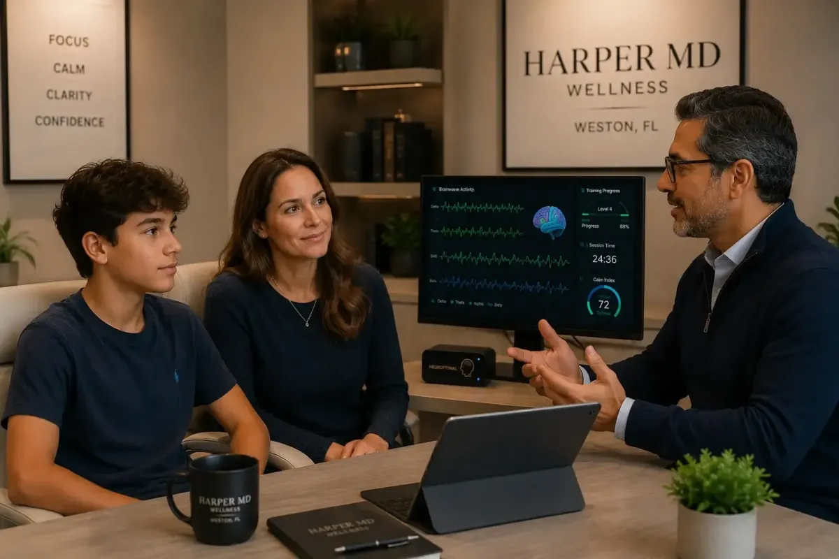 Teen and parent patient in a calm neurofeedback consultation with a Harper MD practitioner in Weston FL, representing the drug-free approach to adolescent anxiety and nervous system regulation that Harper MD provides for families