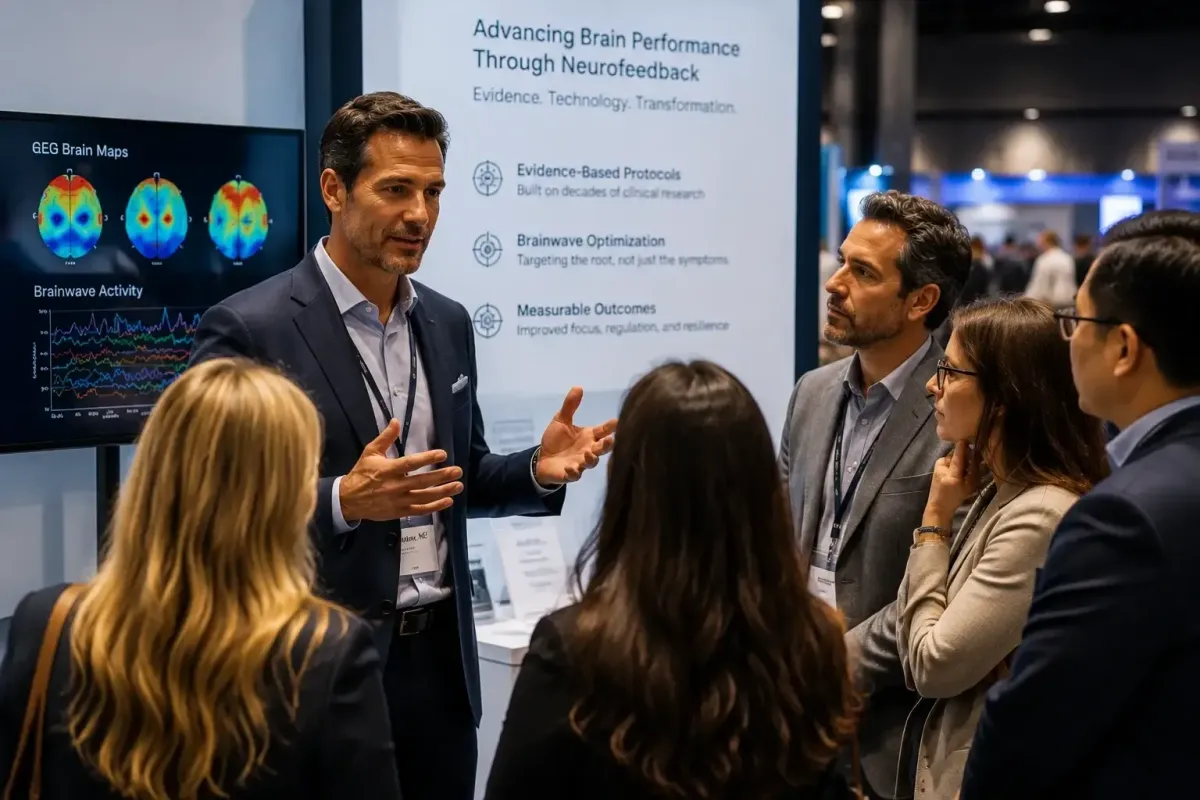 A physician and neurofeedback expert presenting at a medical conference booth, speaking to a small group of professional attendees. He gestures while explaining EEG brain maps displayed on a screen behind him, illustrating brainwave activity and neurofeedback outcomes. The audience listens attentively in a modern expo setting with clinical neuroscience visuals emphasizing evidence-based brain performance optimization.