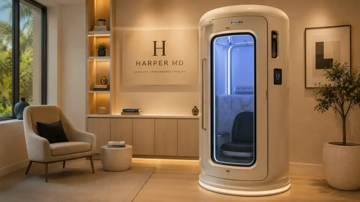 Vertical mild hyperbaric oxygen therapy chamber at Harper MD in Weston FL, used to support recovery, energy, and cellular health for active adults