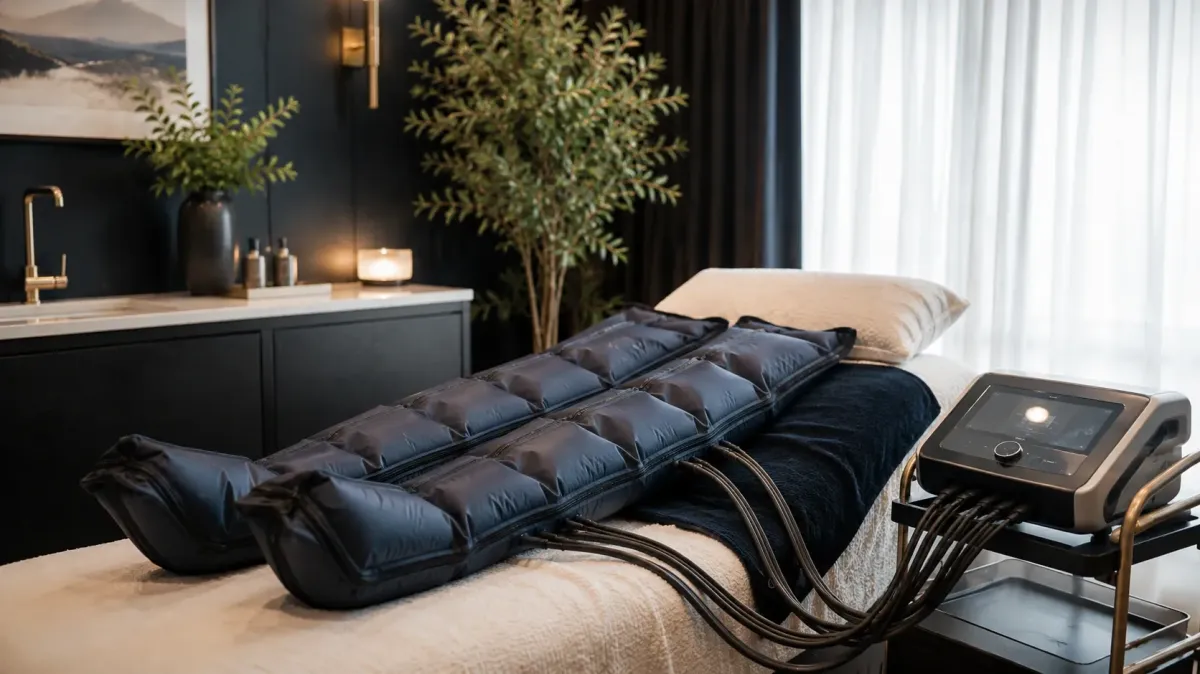 a pressotherapy machine and sleeves on a clinical bed at harper md weston