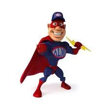 All Lighting and Maintenance, Inc. superhero mascot logo with ALM emblem and lightning bolt