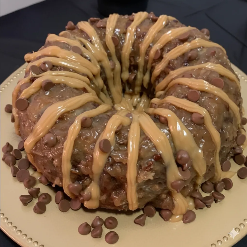 A caramel cake variation with chocolate drizzle and pecans, styled on a marble platter with gold utensils