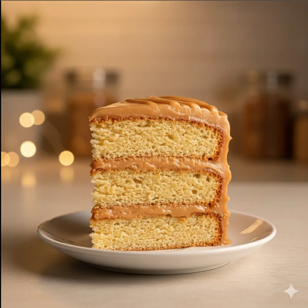 A close-up of a sliced caramel cake showing thick caramel icing between layers, with a rustic wooden table and a family recipe card nearby