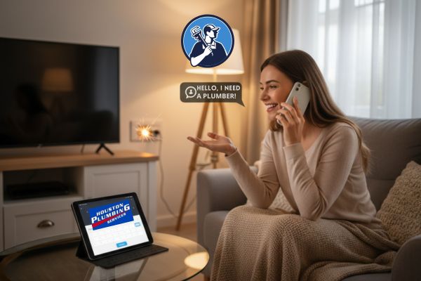 Houston Plumbing Services customer getting an instant online plumbing quote on a tablet while talking on the phone at home