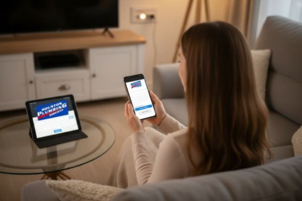 Homeowner in Houston scheduling a plumbing service visit on her smartphone with Houston Plumbing Services