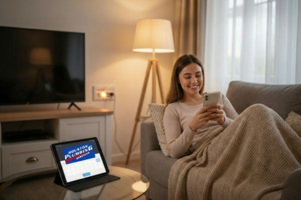 Relaxing on the couch after plumbing repairs are completed – happy Houston Plumbing Services customer enjoying stress‑free service