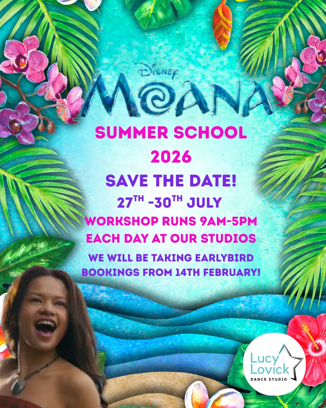 Tropical island-inspired stage with children dancing and singing