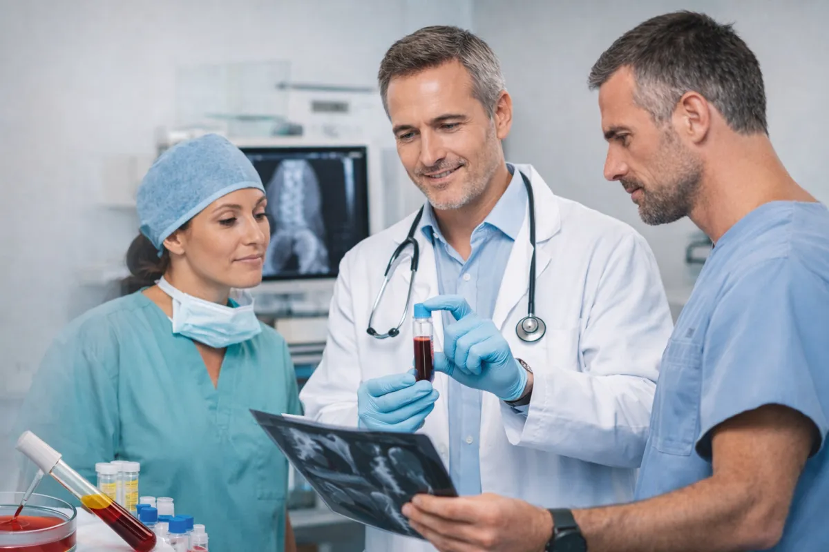 Medico esperto in medicina rigenerativa (Stem Cells Doctor) al centro di un team multidisciplinare, mentre analizza una provetta di sangue ricco di fattori rigenerativi insieme a due specialisti in ambiente clinico moderno.