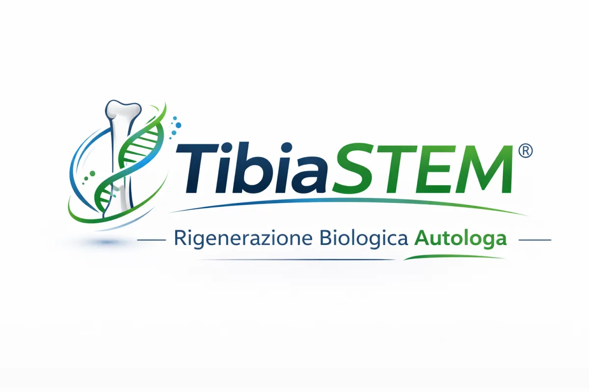 Logo professionale “TibiaSTEM” su sfondo bianco, con icona stilizzata della tibia intrecciata a una doppia elica di DNA e payoff “Rigenerazione Biologica Autologa”, che comunica medicina rigenerativa avanzata e approccio mini-invasivo.