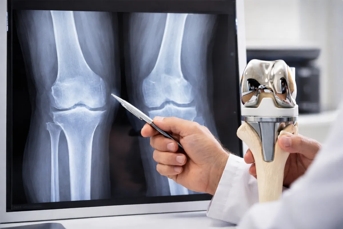 Primo piano professionale di un medico che analizza una radiografia del ginocchio con segni di artrosi, indicando l’immagine mentre tiene in mano un modello di protesi articolare in ambiente clinico.
