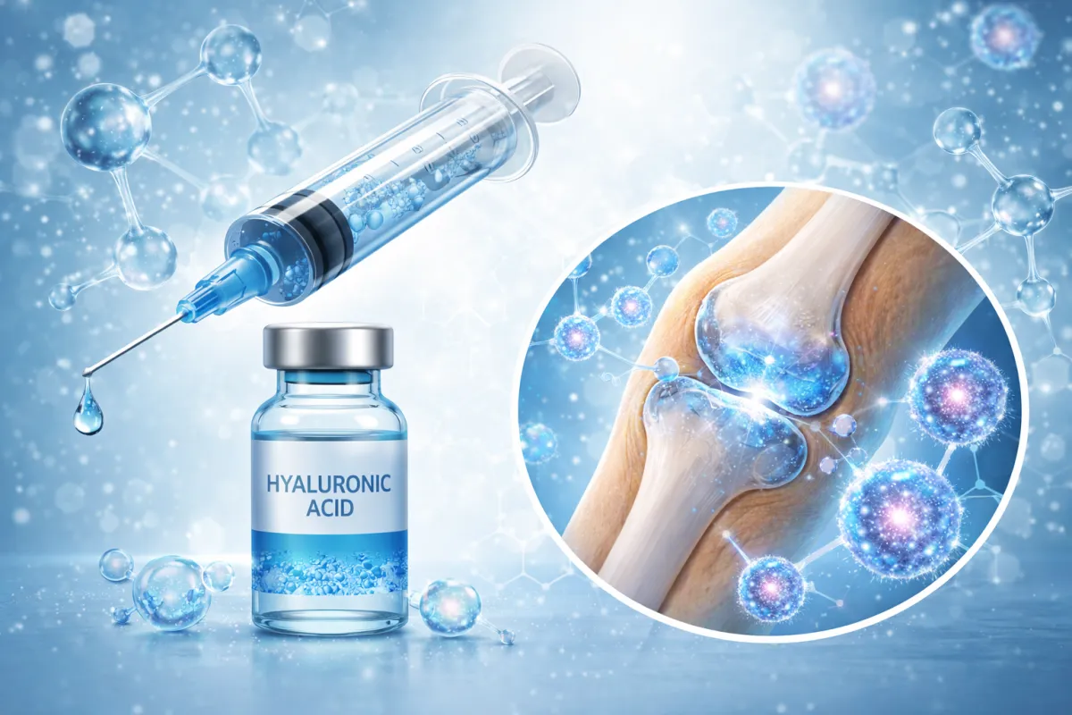 Illustrazione medica che mostra l’infiltrazione di acido ialuronico arricchito con cellule staminali in un’articolazione del ginocchio, con rappresentazione visiva dell’azione rigenerativa biologica sui tessuti articolari.