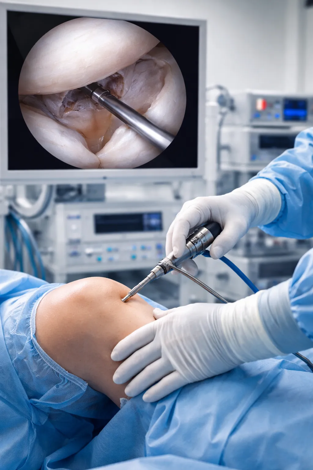Artroscopia diagnostica del ginocchio: chirurgo esegue esame artroscopico mini-invasivo con visualizzazione interna dell’articolazione su monitor in sala operatoria.