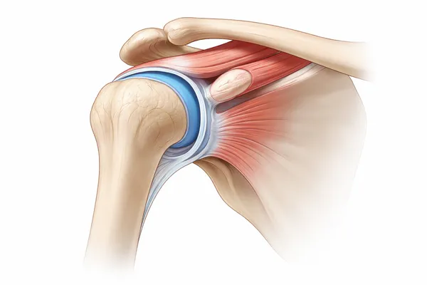 Illustrazione anatomica 3D professionale dell’articolazione della spalla con omero, scapola, cartilagine articolare e tendini della cuffia dei rotatori visibili.