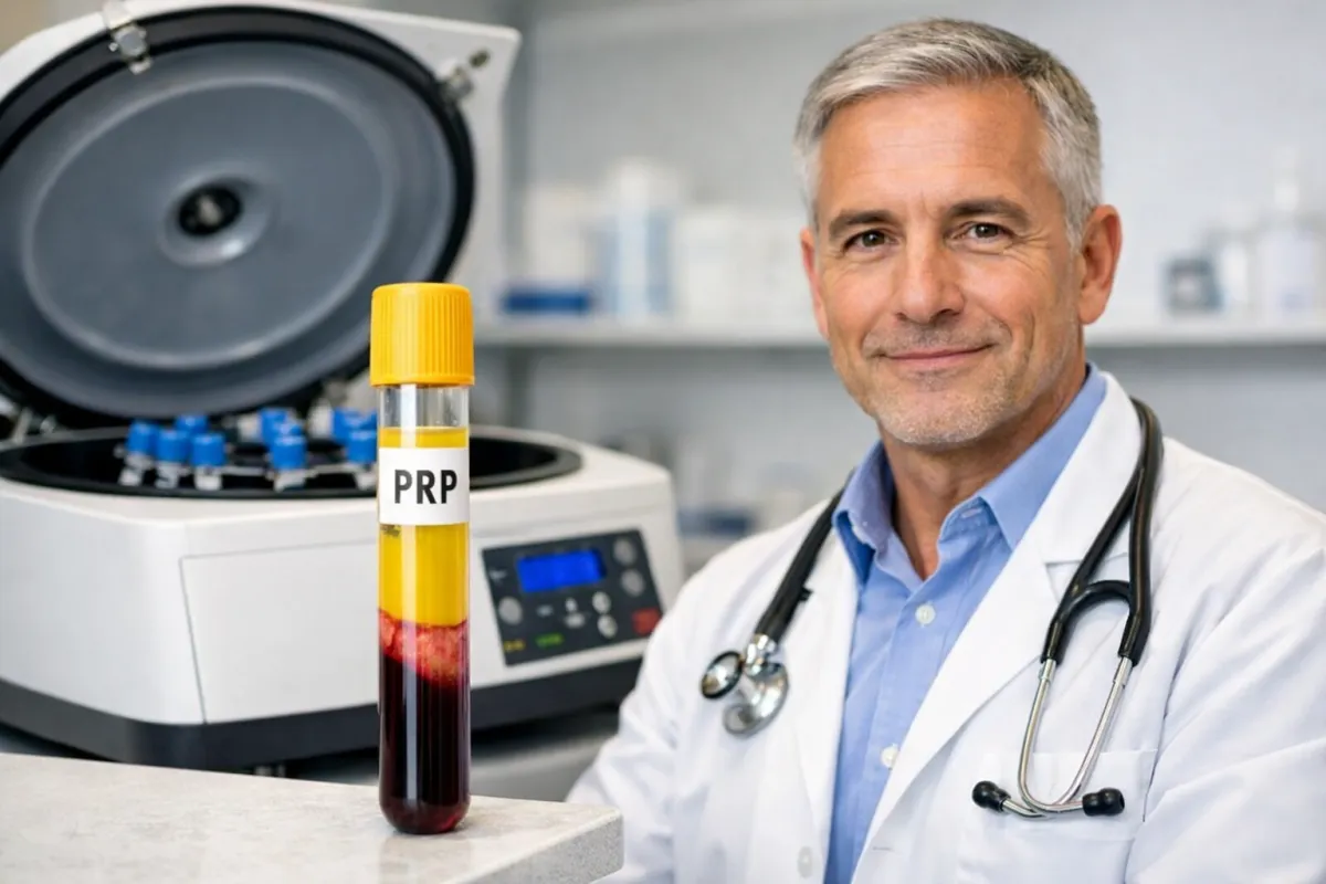 Provetta PRP con separazione dei componenti ematici in primo piano accanto a una centrifuga da laboratorio; sullo sfondo un medico esperto in medicina rigenerativa con camice bianco e stetoscopio, in ambiente clinico moderno.