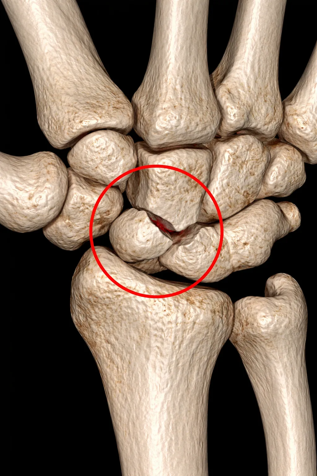 TAC del polso con ricostruzione 3D che evidenzia una frattura dello scafoide, cerchiata in rosso per mostrare la linea di frattura e i rapporti con le ossa carpali circostanti.