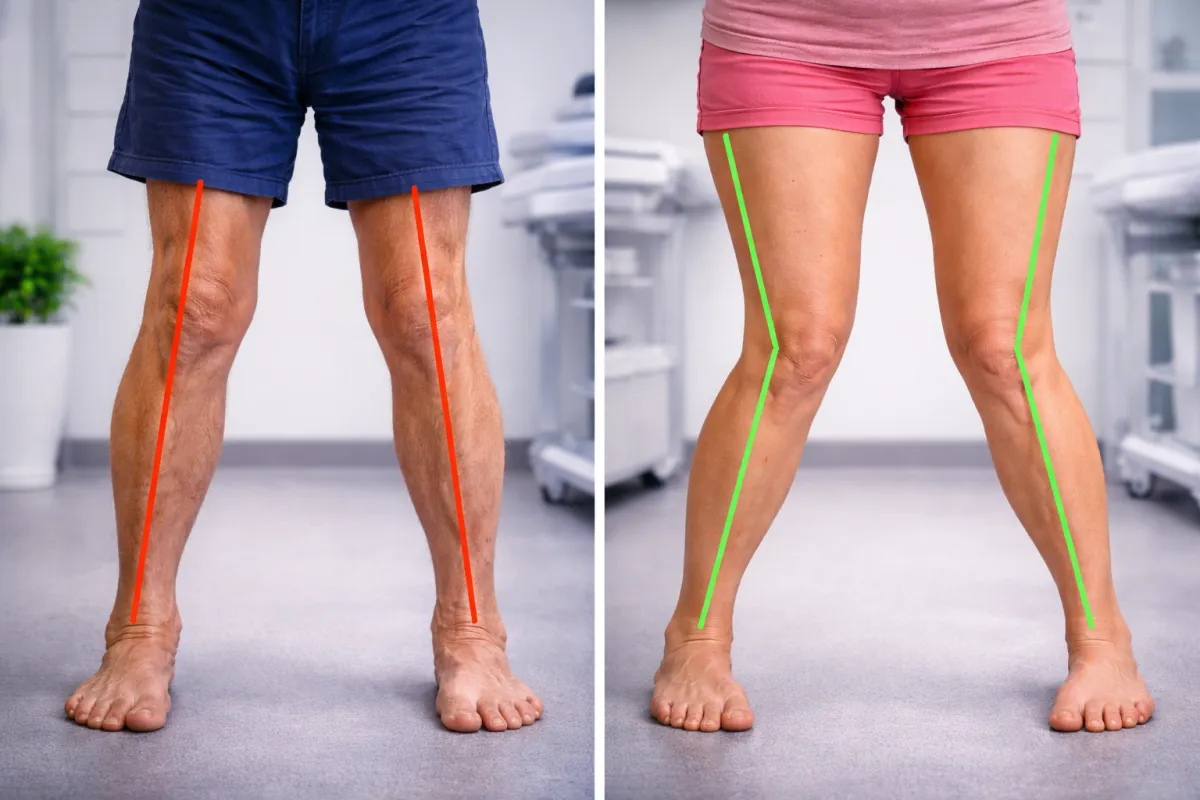 Confronto fotografico clinico di due pazienti: a sinistra ginocchia in varo (gambe arcuate), a destra ginocchia in valgo (ginocchia convergenti), per illustrare il malallineamento degli arti inferiori e il diverso carico biomeccanico sul ginocchio.