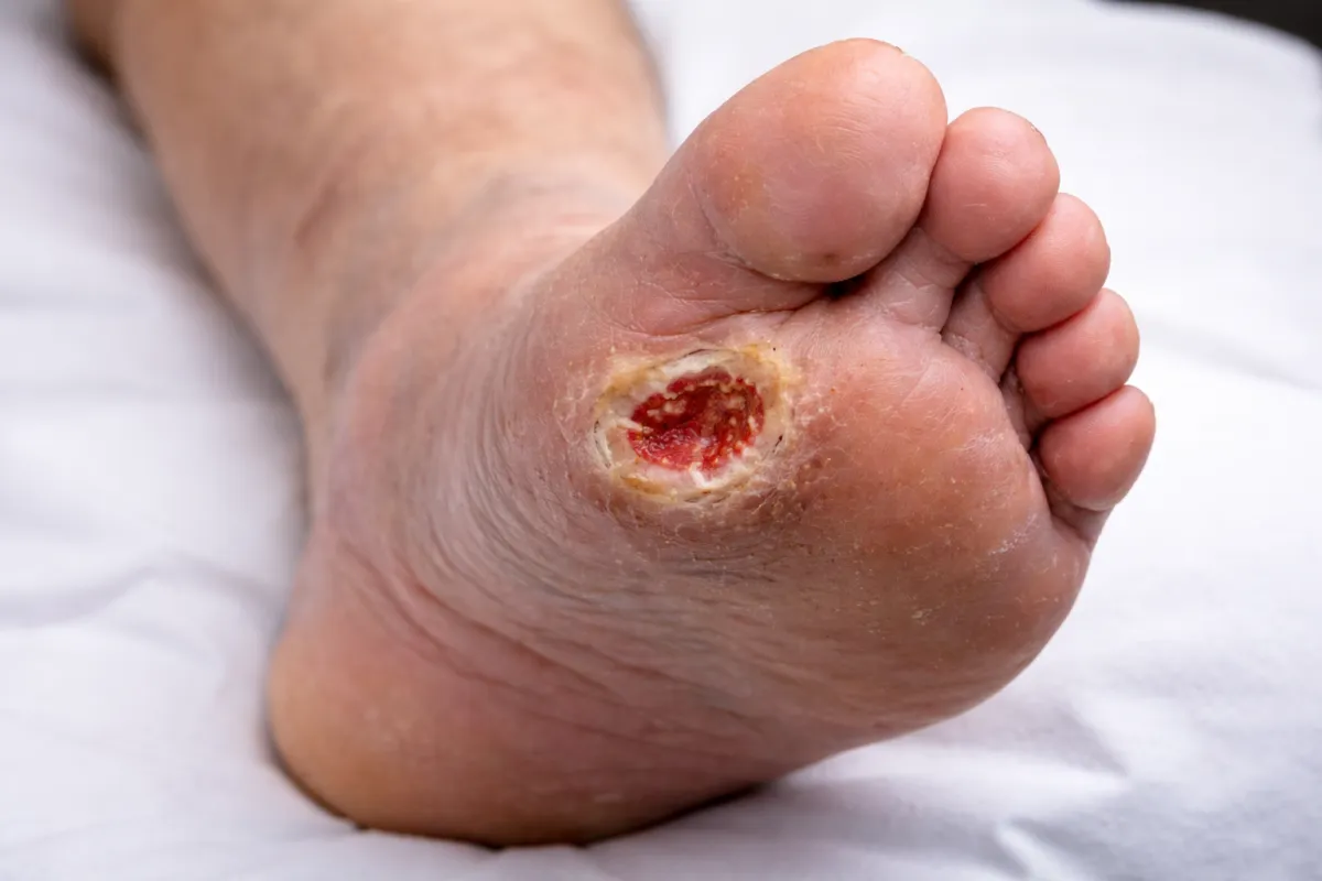 Ulcera diabetica plantare di piccole dimensioni con base granulante e margini ipercheratosici, in fase iniziale di cicatrizzazione.