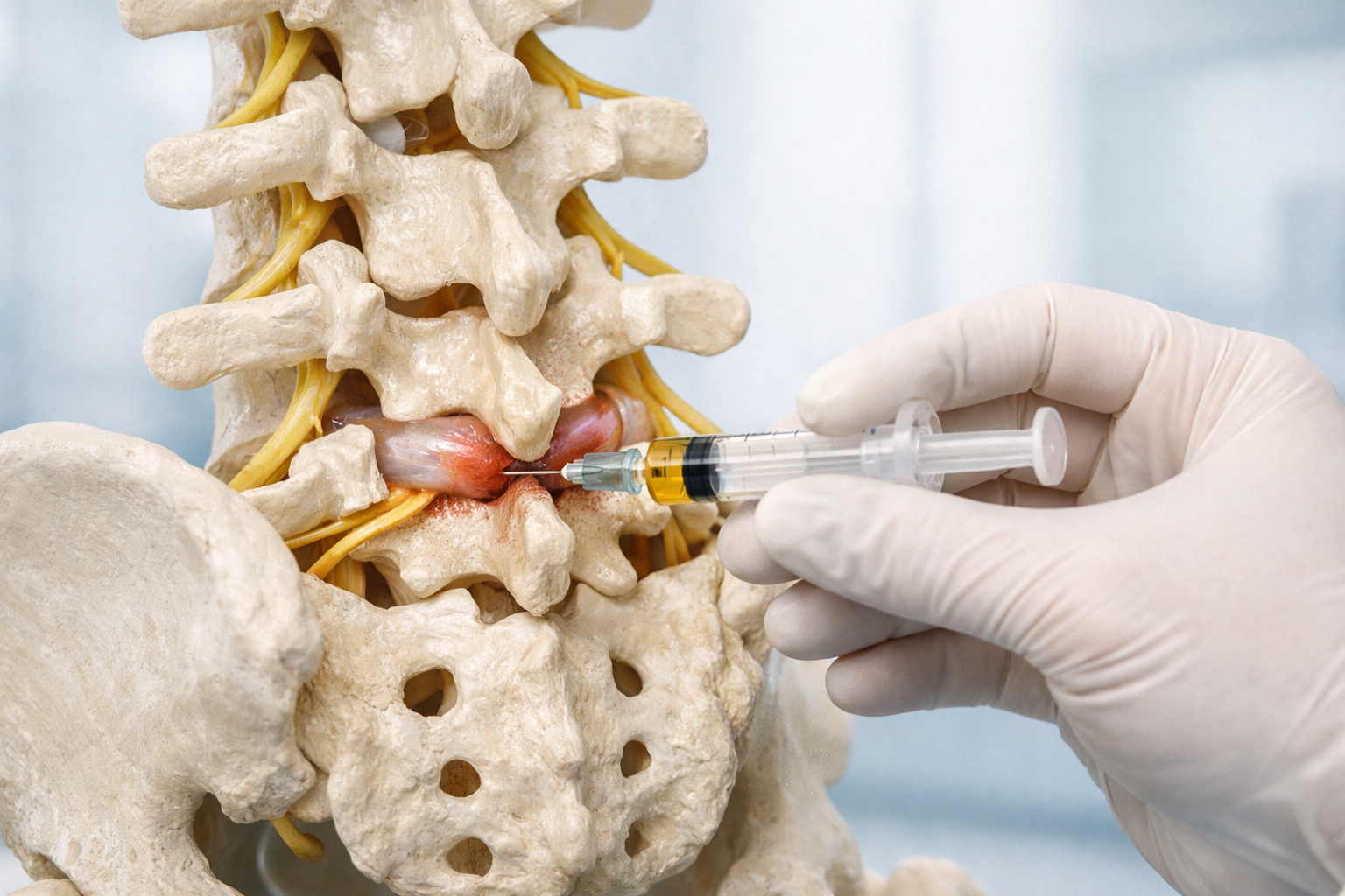 Illustrazione medica realistica della colonna lombosacrale vista posteriormente, con ernia del disco tra L4-L5/L5-S1 che comprime le radici nervose; una mano con guanto esegue un’infiltrazione di PRP con siringa direttamente nell’area del disco interessato, in ambiente clinico pulito e ben illuminato.