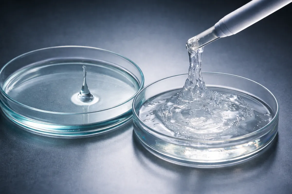 Piastre di Petri con acido ialuronico a diversa viscosità: una soluzione fluida forma una goccia centrale, mentre un gel più denso viene sollevato mostrando elevata elasticità e consistenza.