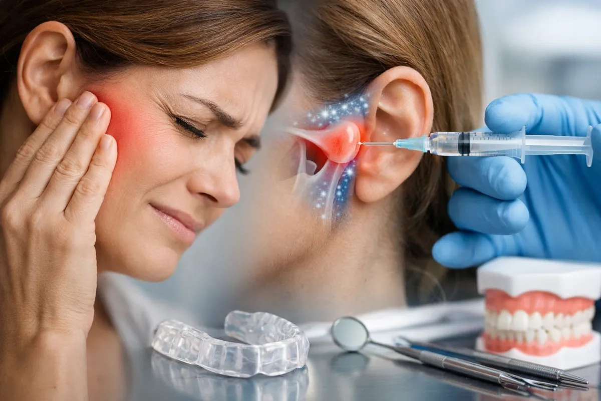 Donna con dolore alla mandibola che si tocca l’ATM, affiancata da un’infiltrazione medica con siringa nella stessa area; in primo piano un bite dentale e strumenti odontoiatrici, a rappresentare il trattamento integrato dei disturbi temporo-mandibolari.