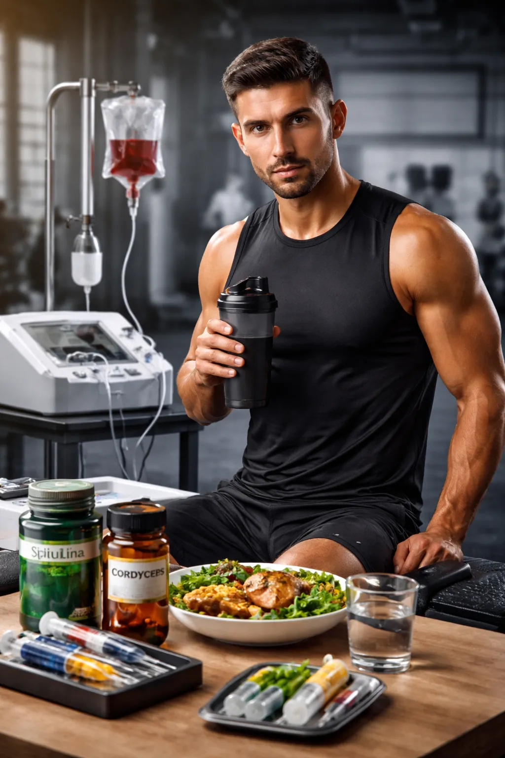 Atleta muscoloso e in forma in ambiente professionale mentre cura il proprio corpo con nutrizione, integrazione naturale e supporto medico per migliorare performance e recupero.