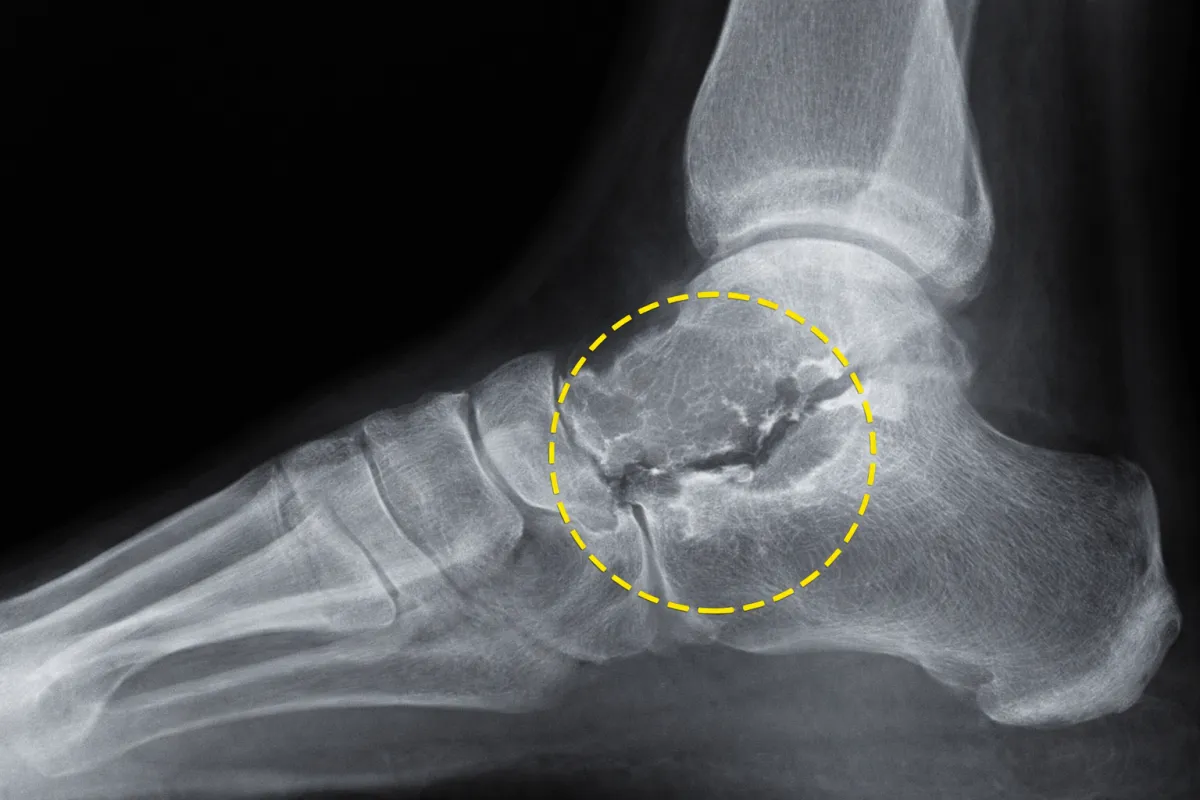 Radiografia laterale del piede e della caviglia che evidenzia osteoartrosi dell’astragalo, con riduzione dello spazio articolare, osteofiti e segni di degenerazione ossea.