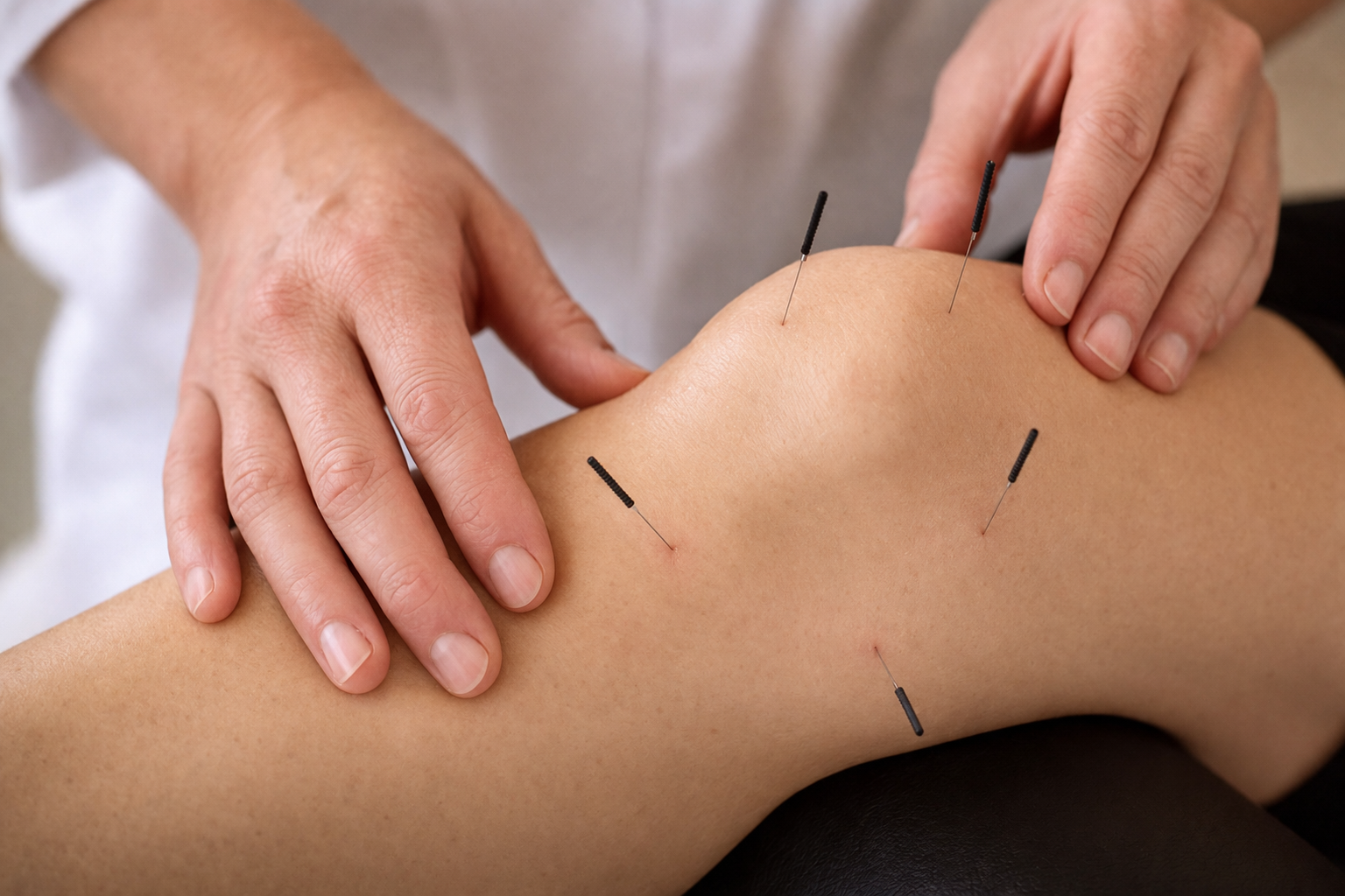 Primo piano di un ginocchio durante trattamento di agopuntura con aghi sottili inseriti nei punti locali, mentre le mani del terapeuta regolano delicatamente la posizione.