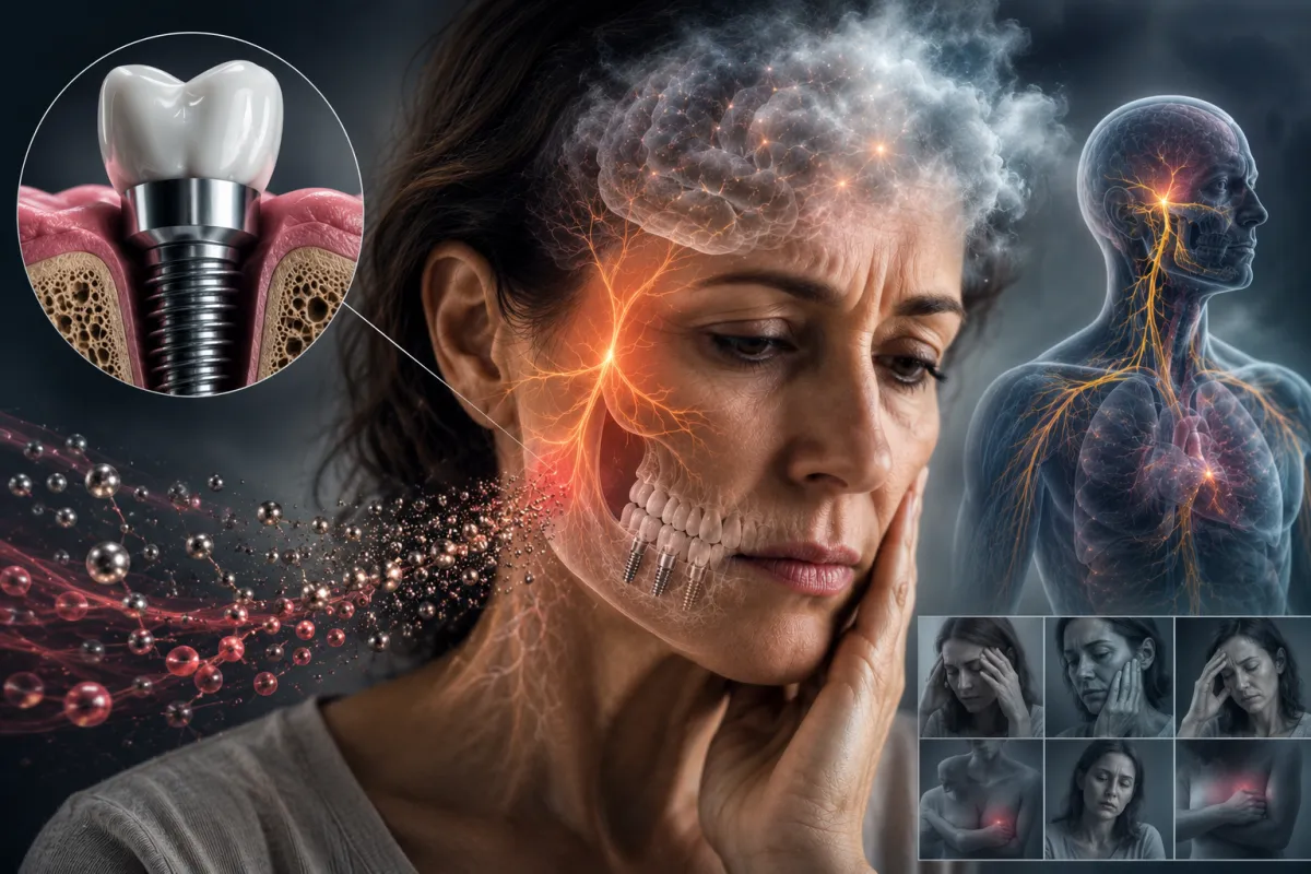 Donna con sintomi inspiegabili dopo impianti dentali in titanio, con rappresentazione medica del nervo trigemino, nanoparticelle metalliche e possibile infiammazione sistemica correlata agli impianti metallici.