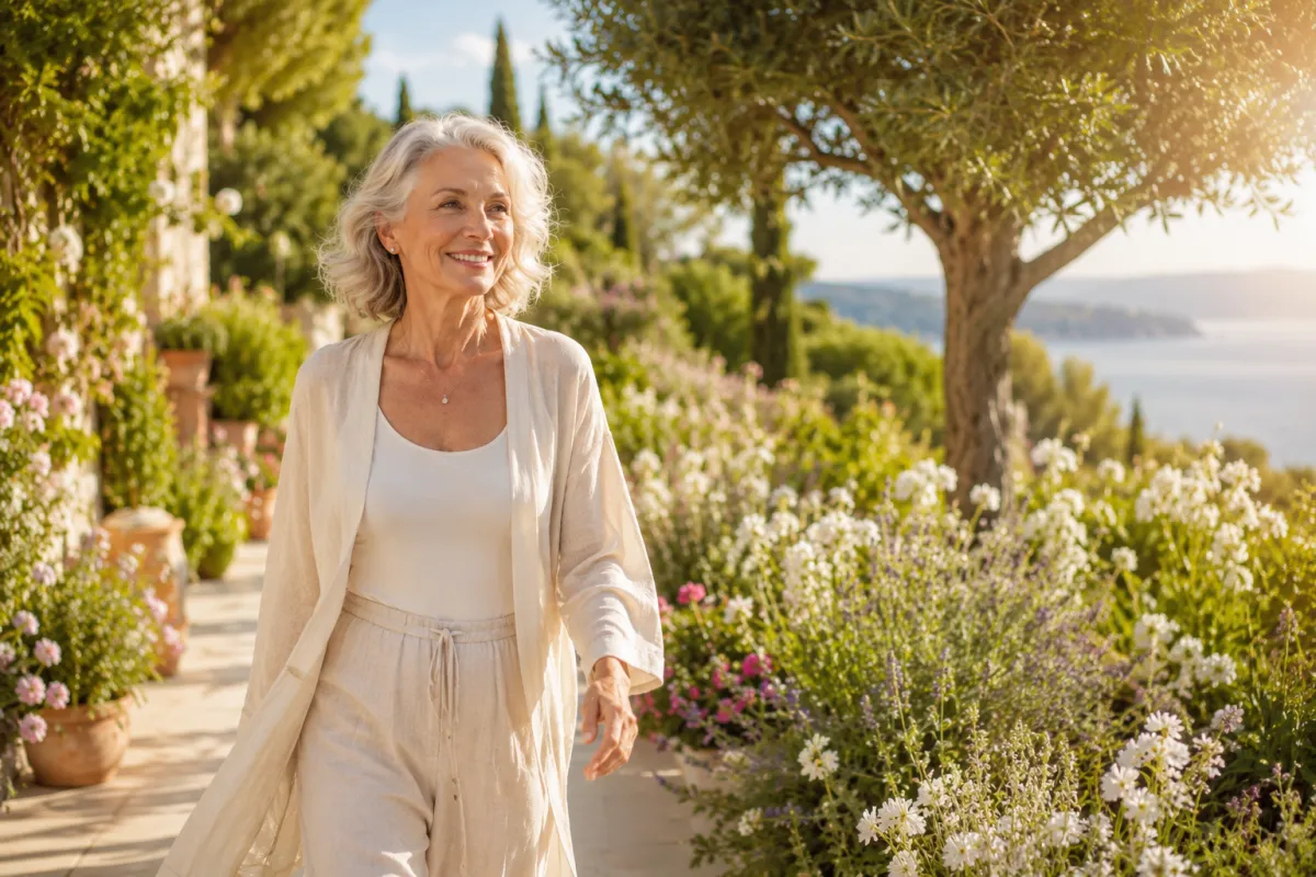 Donna elegante over 70 cammina serenamente in un giardino mediterraneo illuminato dal sole, circondata da fiori e natura, simbolo di longevità, benessere e vitalità sana.