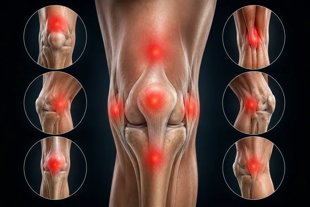 Illustrazione medica realistica del ginocchio umano con evidenziazione visiva delle principali aree di dolore articolare tramite punti luminosi rossi, mostrata da diverse angolazioni anatomiche su sfondo scuro professionale.