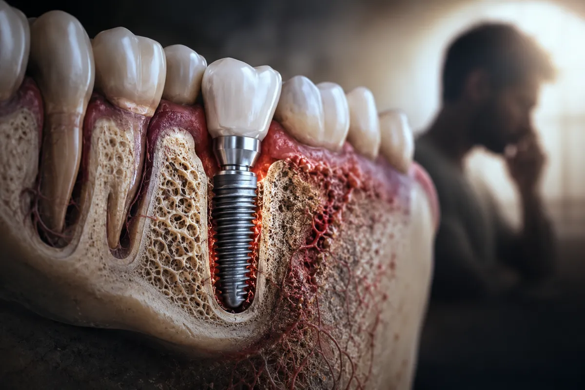 Primo piano fotorealistico di un impianto dentale in titanio inserito nell’osso mandibolare, con contrasto tra tessuto osseo sano e area infiammata. Sullo sfondo sfocato compare la silhouette pensierosa di una persona, simbolo della connessione tra biologia, emozioni e osteointegrazione.
