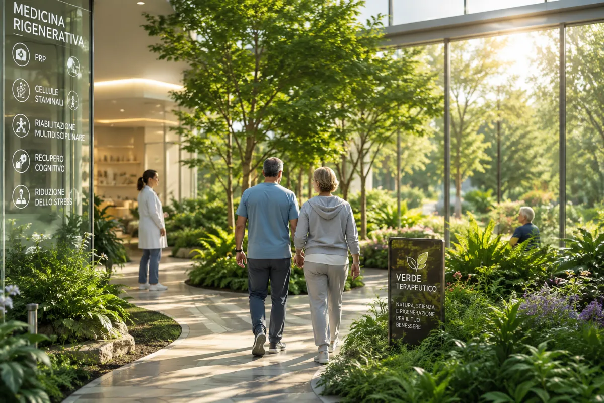 Centro di riabilitazione rigenerativa immerso nel verde terapeutico, con pazienti che camminano in un giardino biofilico illuminato dalla luce naturale, simbolo di recupero psicofisico, medicina rigenerativa e benessere integrato.