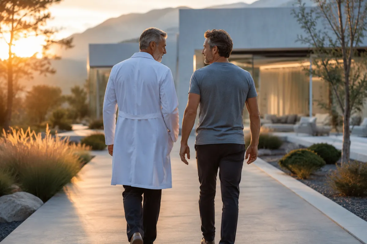 Un medico in camice bianco cammina accanto a un paziente lungo un percorso illuminato dal sole al tramonto, davanti a una moderna clinica immersa nella natura. L’atmosfera è calda, serena e simbolica della collaborazione, della fiducia e della guarigione condivisa.