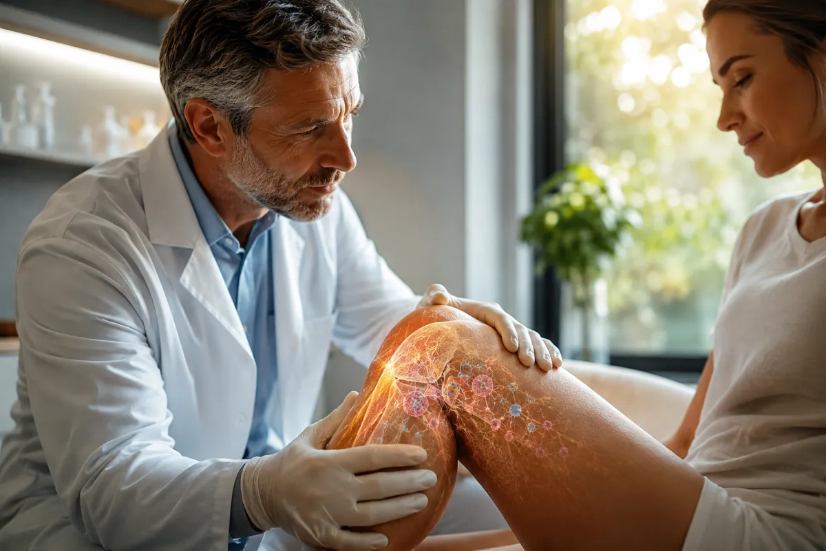 Medico specialista in medicina rigenerativa osserva e sostiene delicatamente il ginocchio di una paziente in un ambiente clinico moderno e luminoso. Sul ginocchio compare un effetto biologico luminoso che richiama processi di guarigione cellulare, PRP e rigenerazione tissutale. L’atmosfera è calma, professionale ed empatica, simbolo di una medicina meno invasiva e orientata alla guarigione naturale.